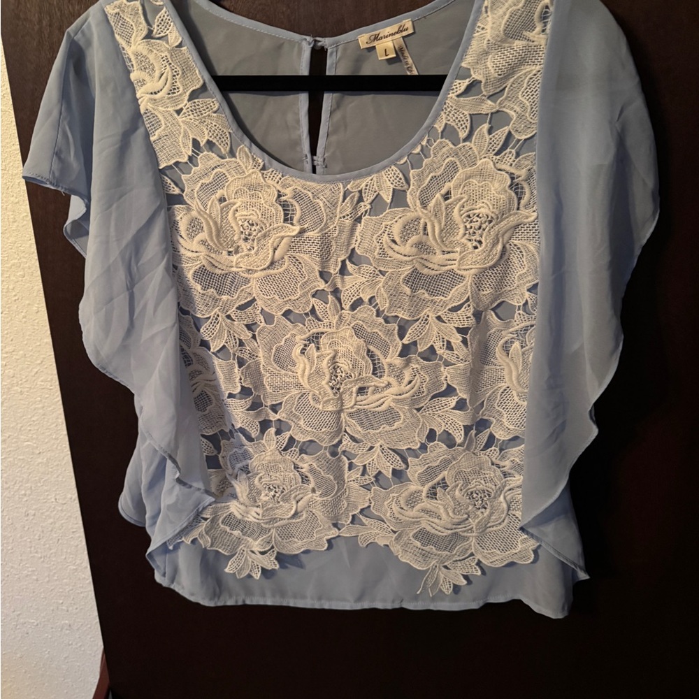 Marineblu Light Blue Blouse with White Lace